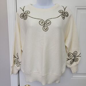 Vivanti Vintage Women's Dolman Sleeve Sweater Cream Pearls Green Beading Size 12